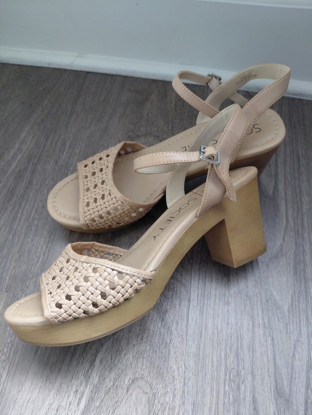 Woven Platform Block Heel Sandals - Beige